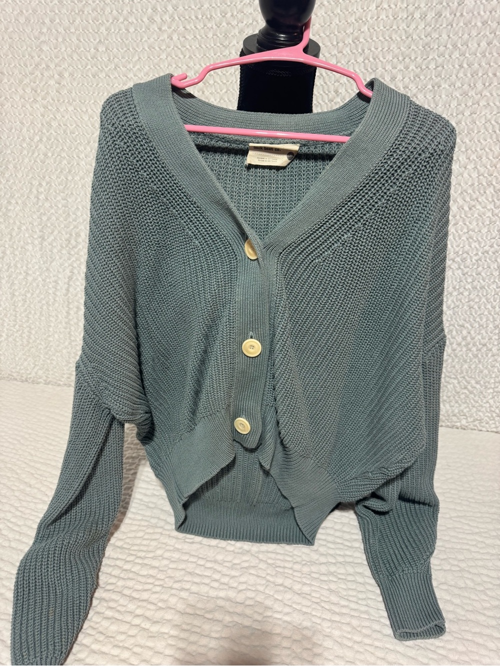Back Beat Co. Off-Shoulder Sage Green Buttoned Knit Sweater